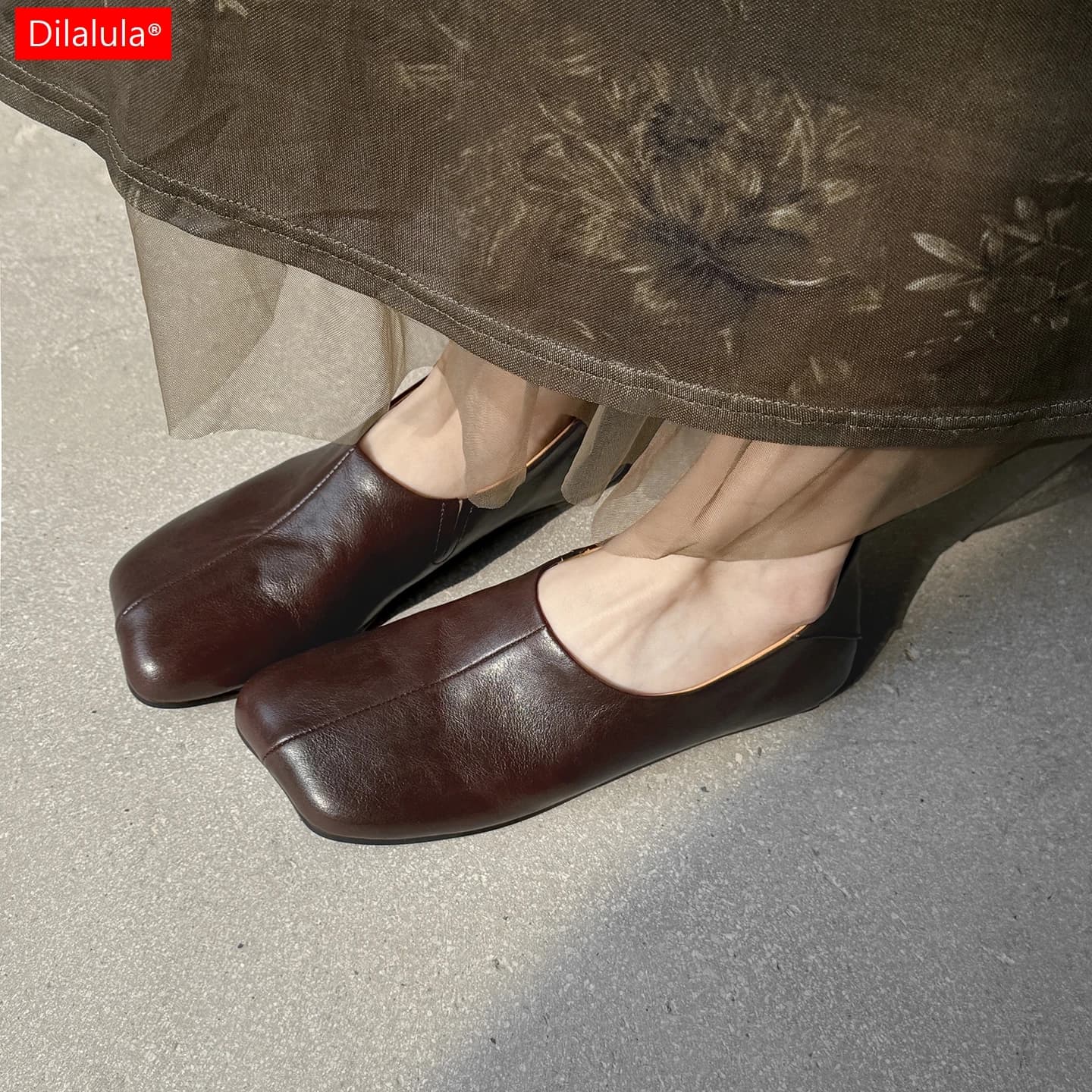 Dilalula 2026 New Women's Low Shoes in Vera Leather, Decolleté con Tacco Piatto, Stroller Shoes Daily Leather Brown