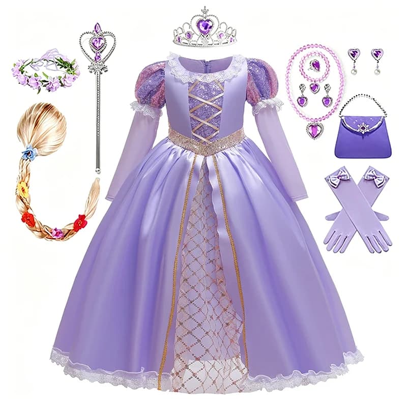 GirlsTangled Themed Costume Dress With Glitter Skirt And Layered Design For Cosplay Halloween Party Casual Wear