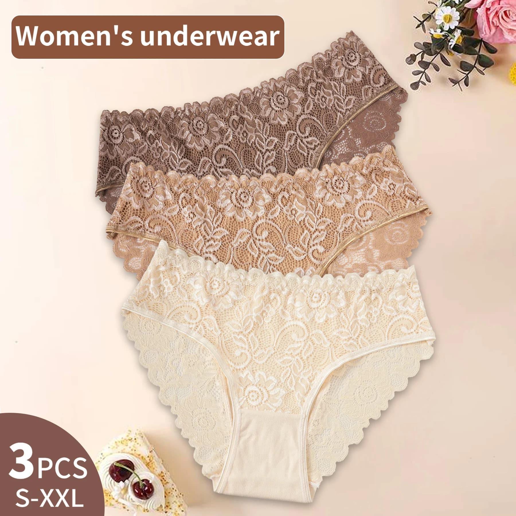 3PCS Semi-Sheer Elegant Lace Floral Design Women's Panties Solid Color Mid Waist Briefs Cotton Lingerie Comfortable Breathable
