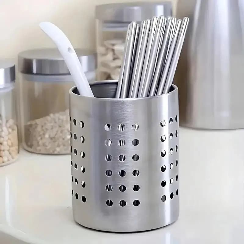 Porta Bacchette in Acciaio Inossidabile, Contenitore Cilindrico per Posate con Design Traspirante per Cucina Domestica