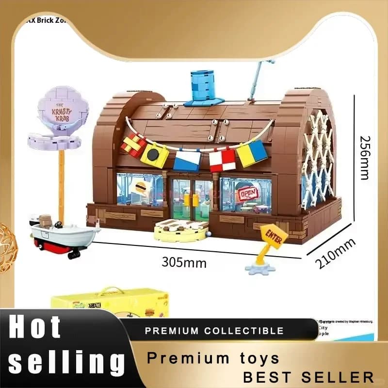 Set di Costruzioni SpongeBob Krusty Krab Area-X, Giocattolo Interattivo in Mattoncini, Modello Ristorante Burger, Blind Box, Regalo per Bambini e Fan