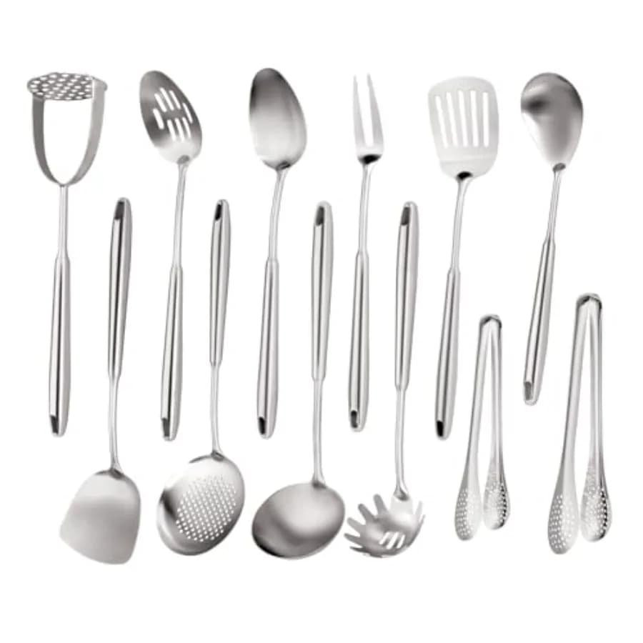 Set di Utensili da Cucina in Acciaio Inox 18/10 - Set di 12 Pezzi di Utensili da Cucina in Metallo di Grandi Dimensioni