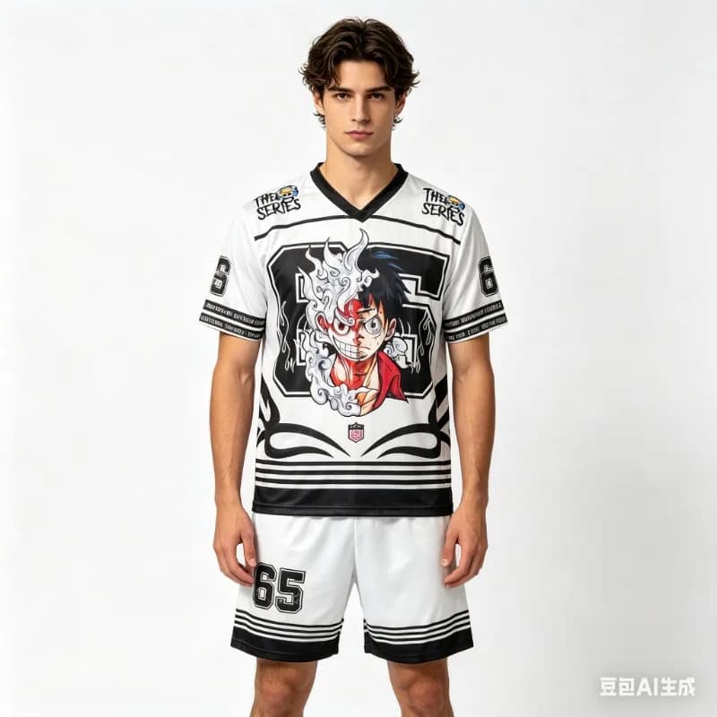 Completo da Uomo One Piece Luffy Gear 5, Set 2 Pezzi Stile Jersey con Maglietta a Maniche Corte con Scollo a V e Pantaloncini Abbinati # 65 Abbigliamento Casual Streetwear