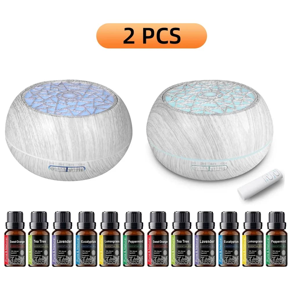 2pcs 550ml essential oil diffuser humidifiers with 12 essential oils, sound waves, and 7-color light, suitable for home offices