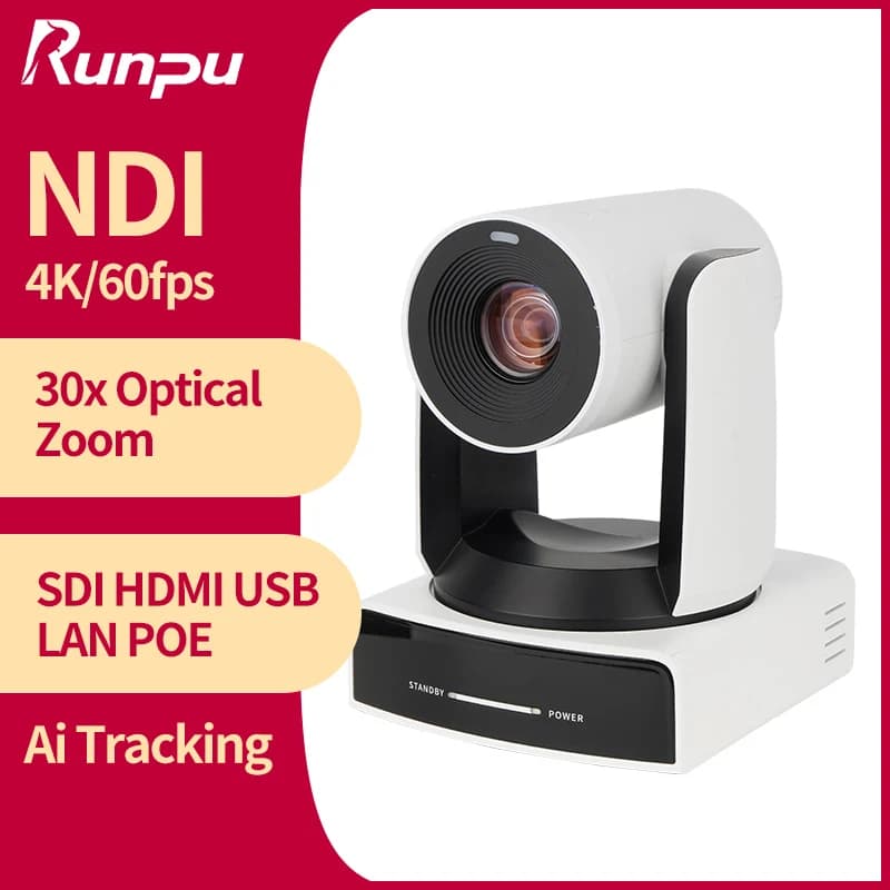 Telecamera PTZ Runpu 4K NDI 60FPS con Zoom Ottico 30X, Tracciamento Automatico AI, PoE, HDMI, SDI, USB per Streaming Live e OBS