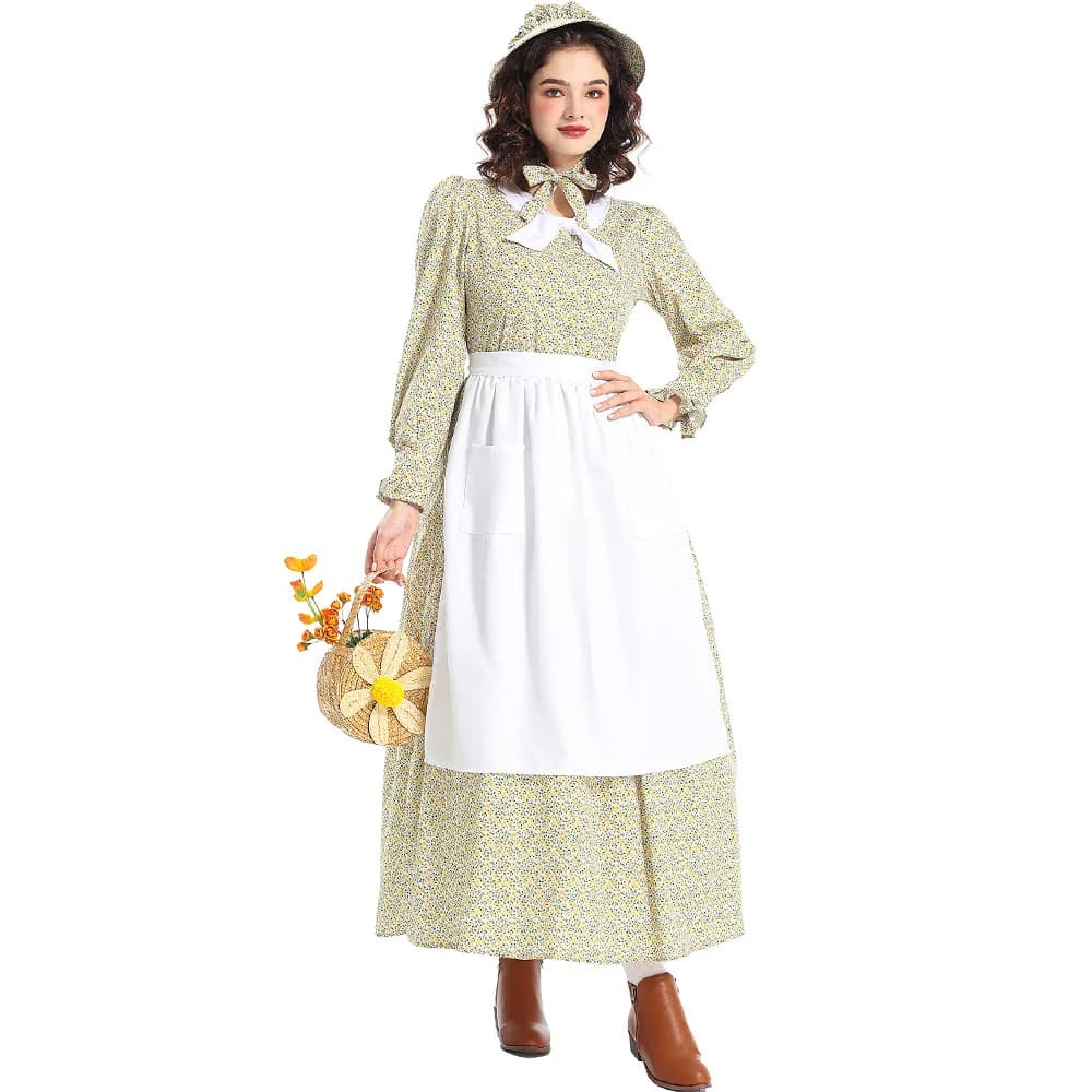 Yellow Floral Print Maid Dress Apron Victorian Pioneer Outfit Halloween Performance Costume Prairie Colony Theme Women's Clot...