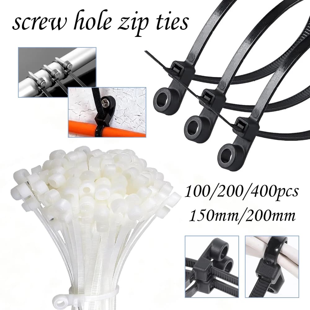 100-400PCS Fascette per cavi con foro per vite Fascette per cavi in nylon fisse riutilizzabili Fascette autobloccanti Cinghie Anello di fissaggio Organizzatore per ufficio