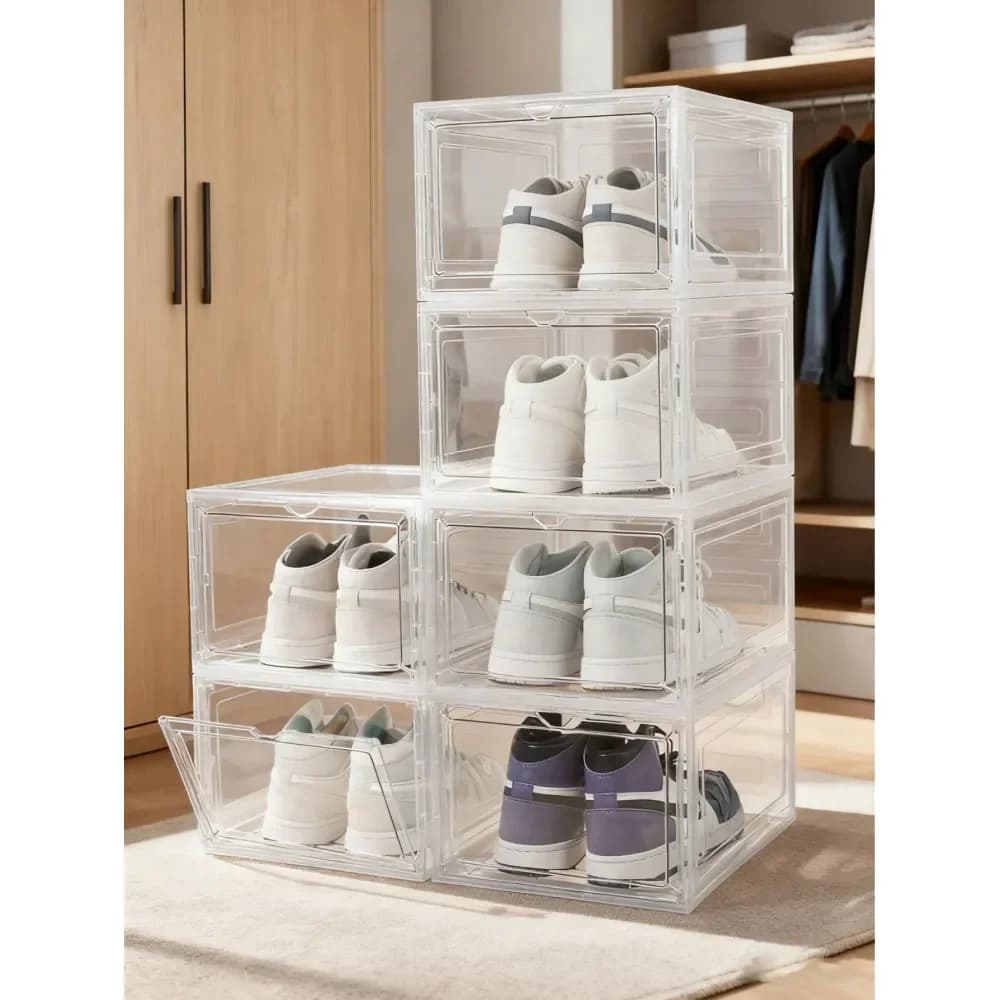 Scatole porta scarpe trasparenti impilabili, resistenti e spesse in plastica, confezione da 6 o 12 pezzi, per armadio, adatte alle taglie US.