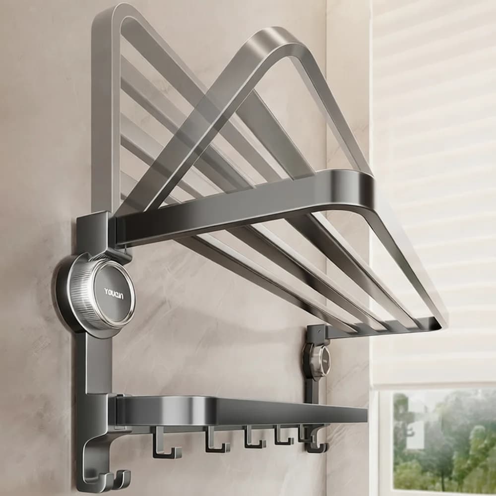 Grey Bathroom Organizer Shelf Suction Cup Towel Rack Wall Mounted Foldable Storage Holder Punch Free For Toilet Shower