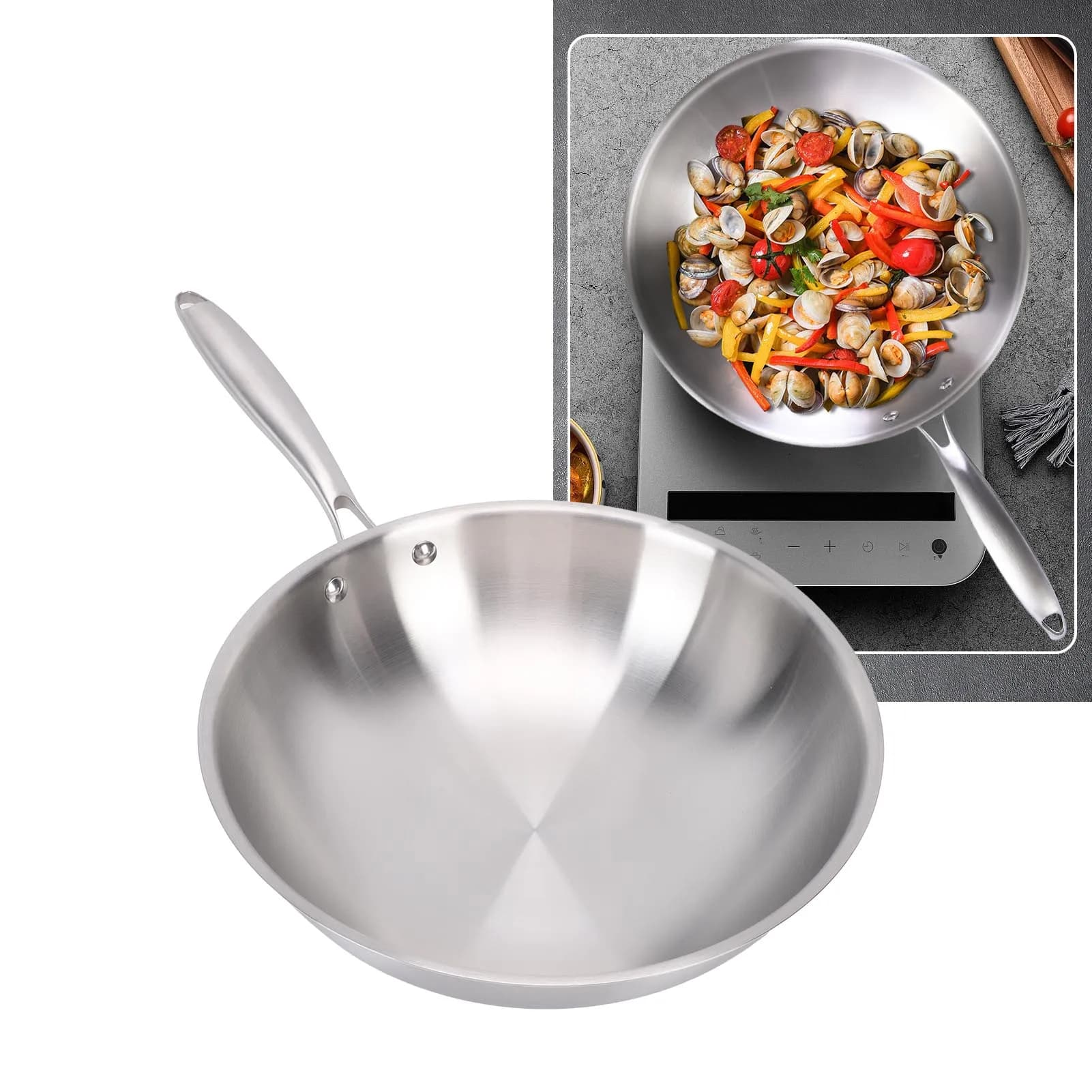 China Wok with Stainless Steel Handle 304 Non-stick, Sauteur Plate, Induction Plans, Electric and Gas