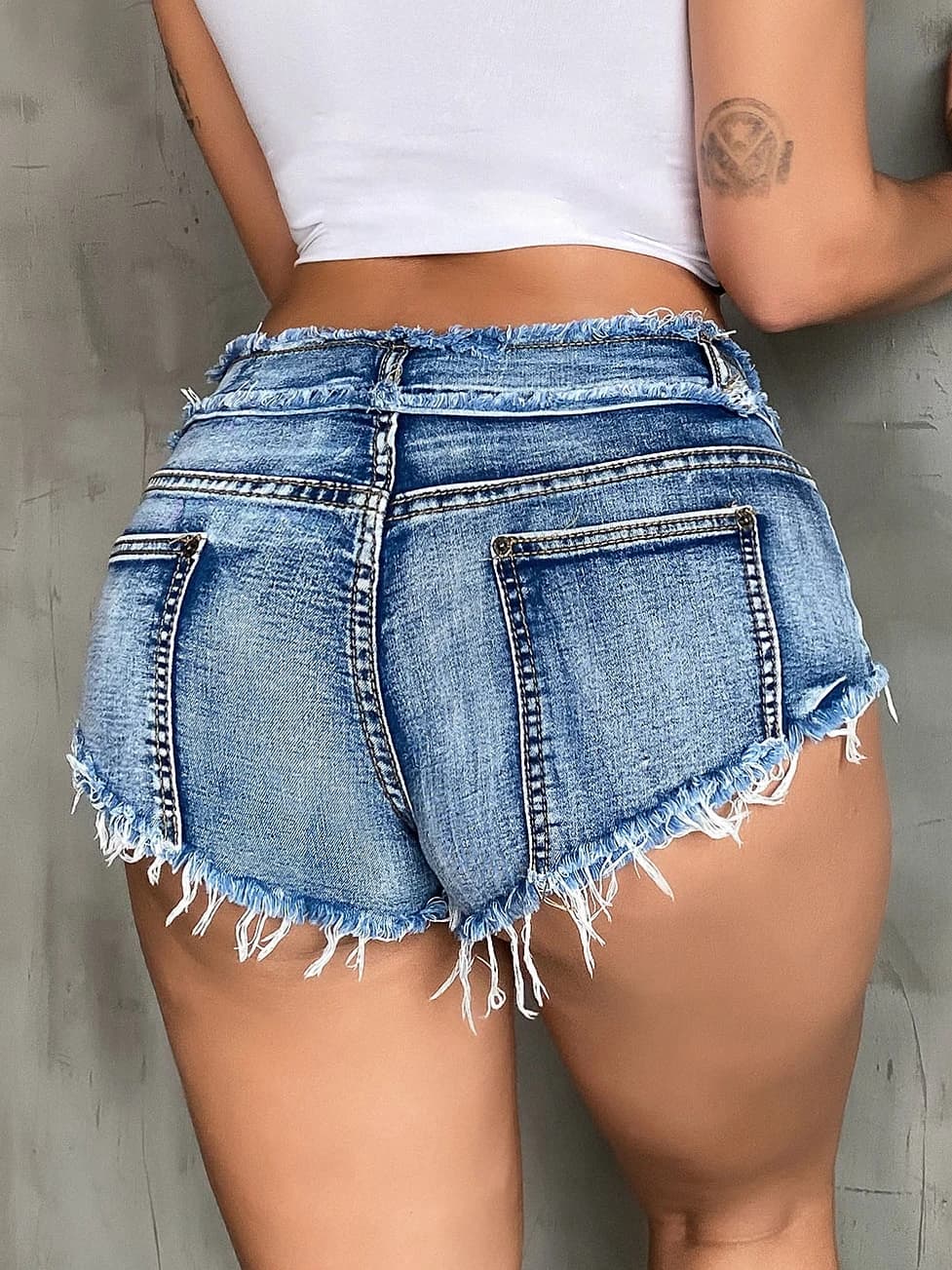 Shorts in denim da donna a vita bassa, sexy, effetto vintage, lavaggio consumato, per discoteca, gamba dritta, per giovani donne