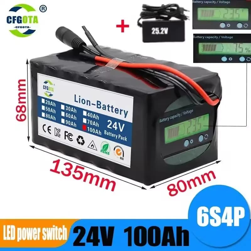 24V Battery 6S4P Battery Pack 100Ah Rechargeable Lithium Battery Suitable for 250W motor With Capacity Indicator&BMS+Charger