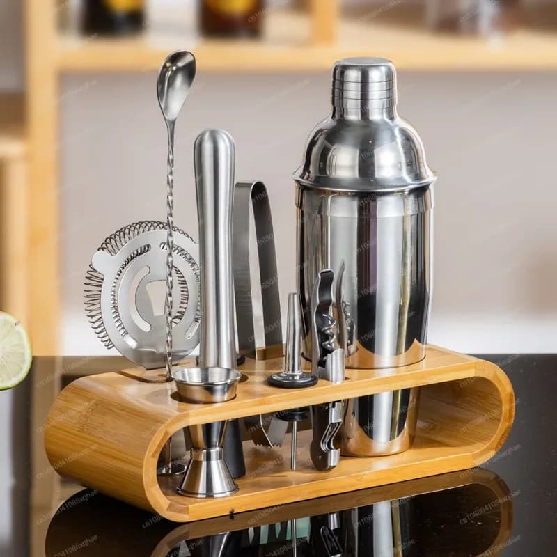 · Set shaker per cocktail da 10 pezzi, acciaio inossidabile, stile europeo con base in legno