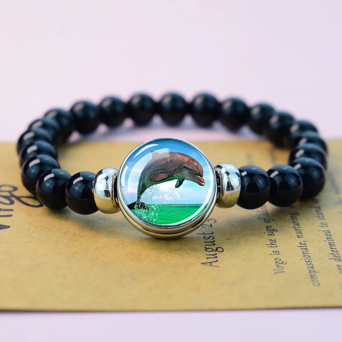 1PC Jumping Dolphin Glass Cabochon Beaded Bracelet, Black Bead Stretch Bracelet Ocean Jewelry
