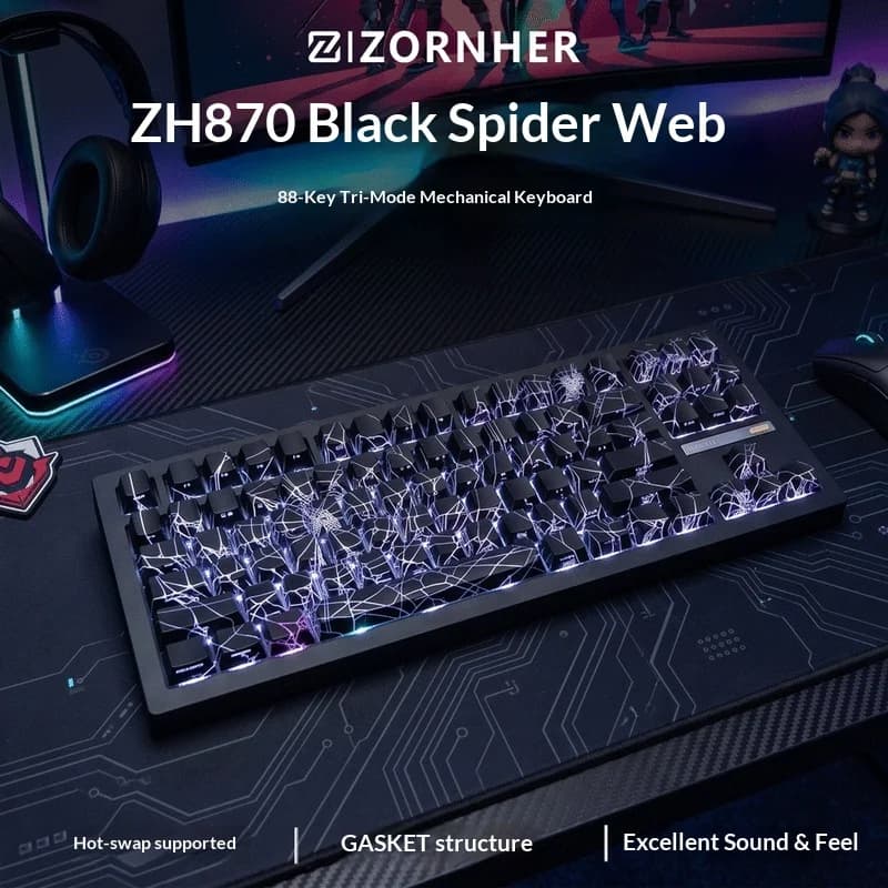 Zizornher Mechanical Gaming Keyboard Zh870 Black Cobweb Tri Mode Wireless 88 Keys Custom Hot Swappable Gasket Structure