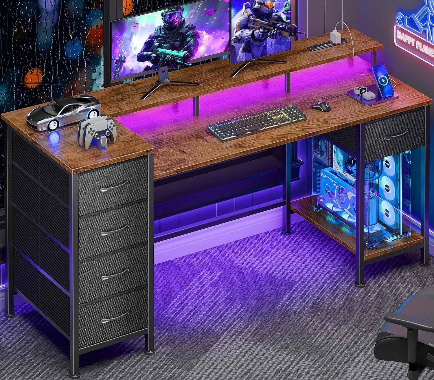 Scrivania da Gaming da 55 Pollici con Prese di Corrente, Luci LED, Design Reversibile, 5 Cassetti in Tessuto, Supporto per Monitor in Marrone Rustico