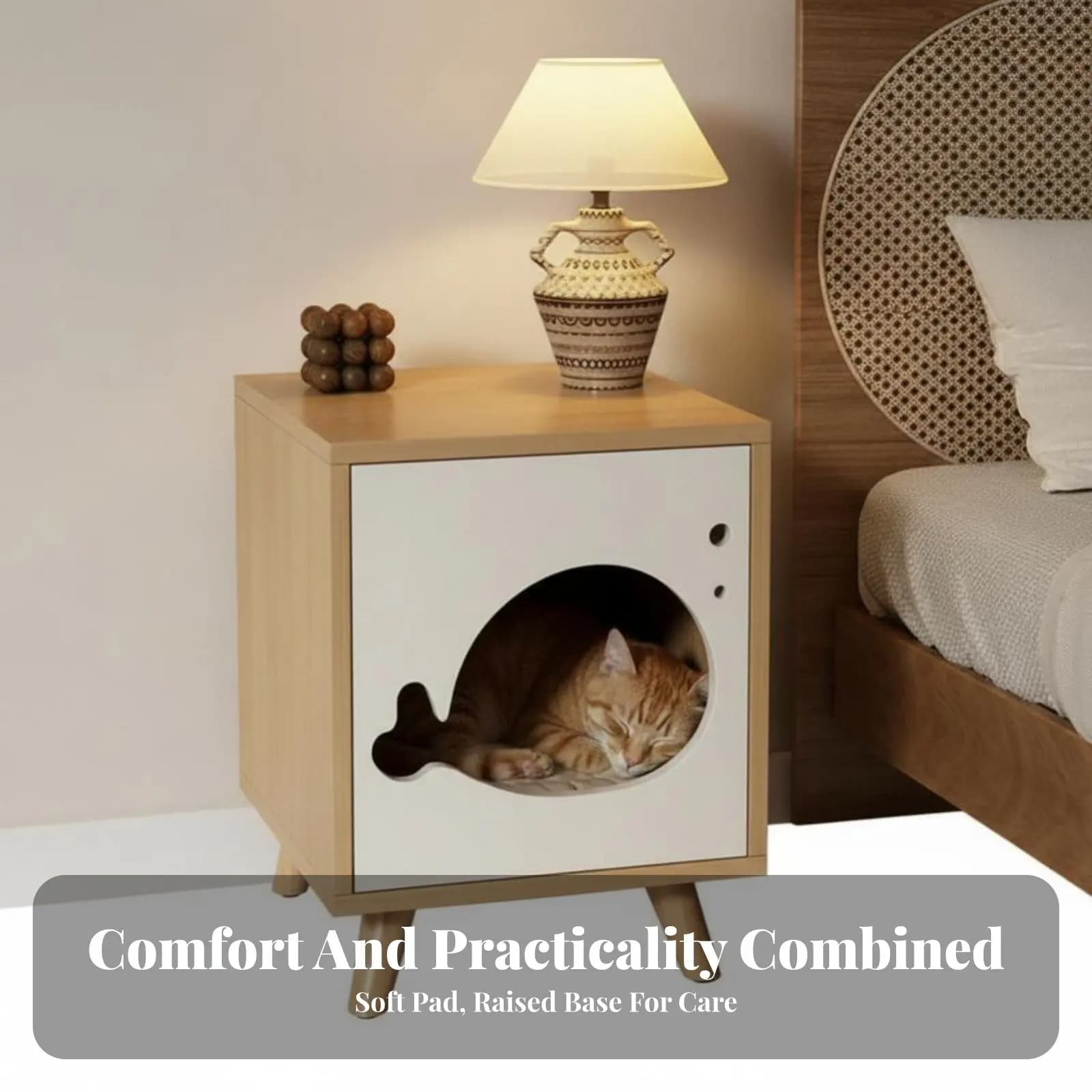 Comodino con Cuccia per Gatti, Design Salvaspazio a Doppio Uso, Armadietto Contenitore Robusto per la Camera da Letto