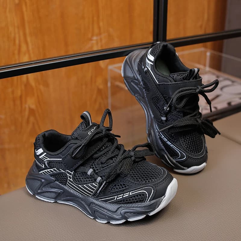 Kids Metallic Mesh Chunky Sneakers Double Laces Velcro Strap Shock Absorbing Thick Sole Silver Black Boys Girls Sport Footwear