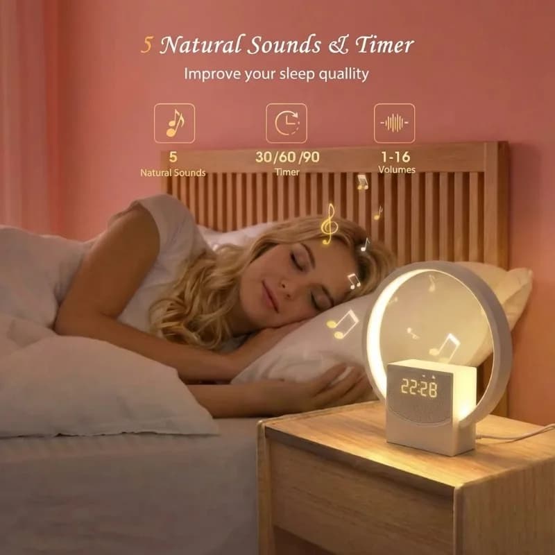 Sveglia Digitale con Luce Notturna a Cerchio, Lampada da Scrivania Effetto Legno, Ricarica USB, Luce Ambientale, Decorazione per Camera da Letto, Regalo di Compleanno