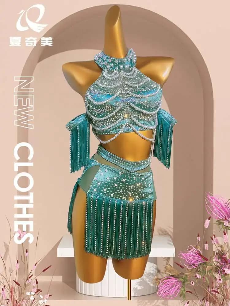 Costume da concorso di ballo latino estivo Qimei Gonna con frange per bambini Costume da performance per adulti con strass Esame d'arte Cha