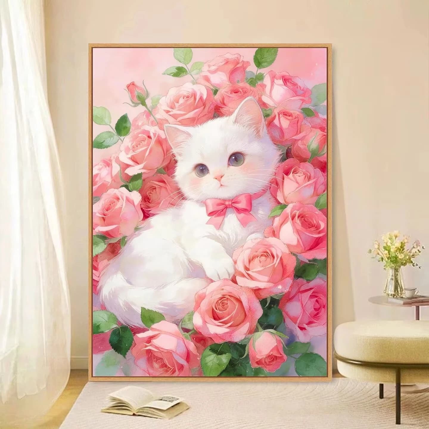5D DIY Diamond Painting Kit Cat Rose Art Full Drill Rhinestone Mosaic Wall Decor Craft Kit Home Decoration Gift Frameless