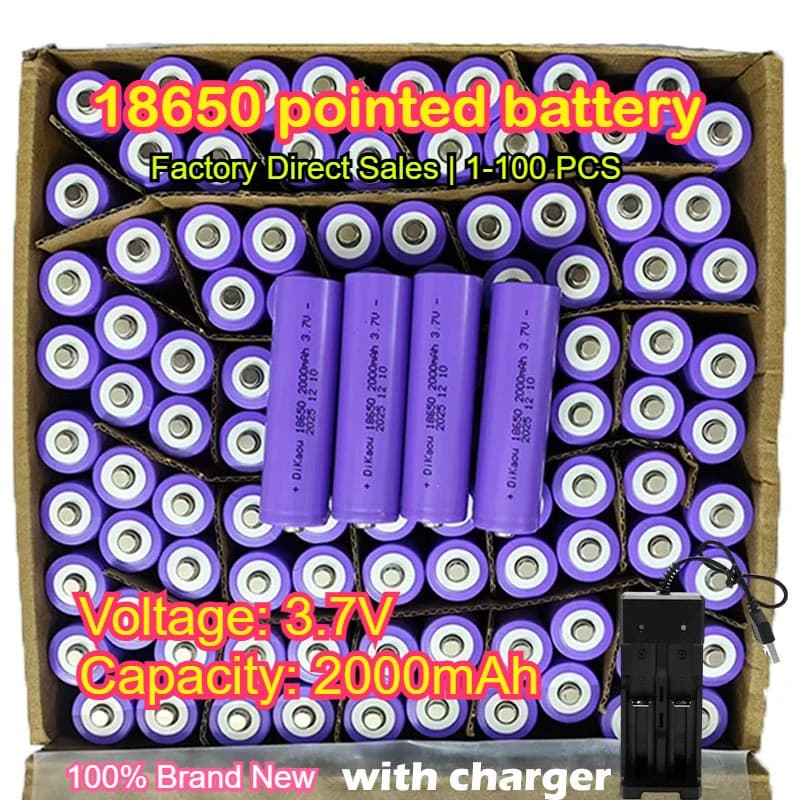 1-100PCS 18650 pointed lithium-ion battery 2000mAh 3.7V factory direct sale high quality battery 100% brand new with USB charger