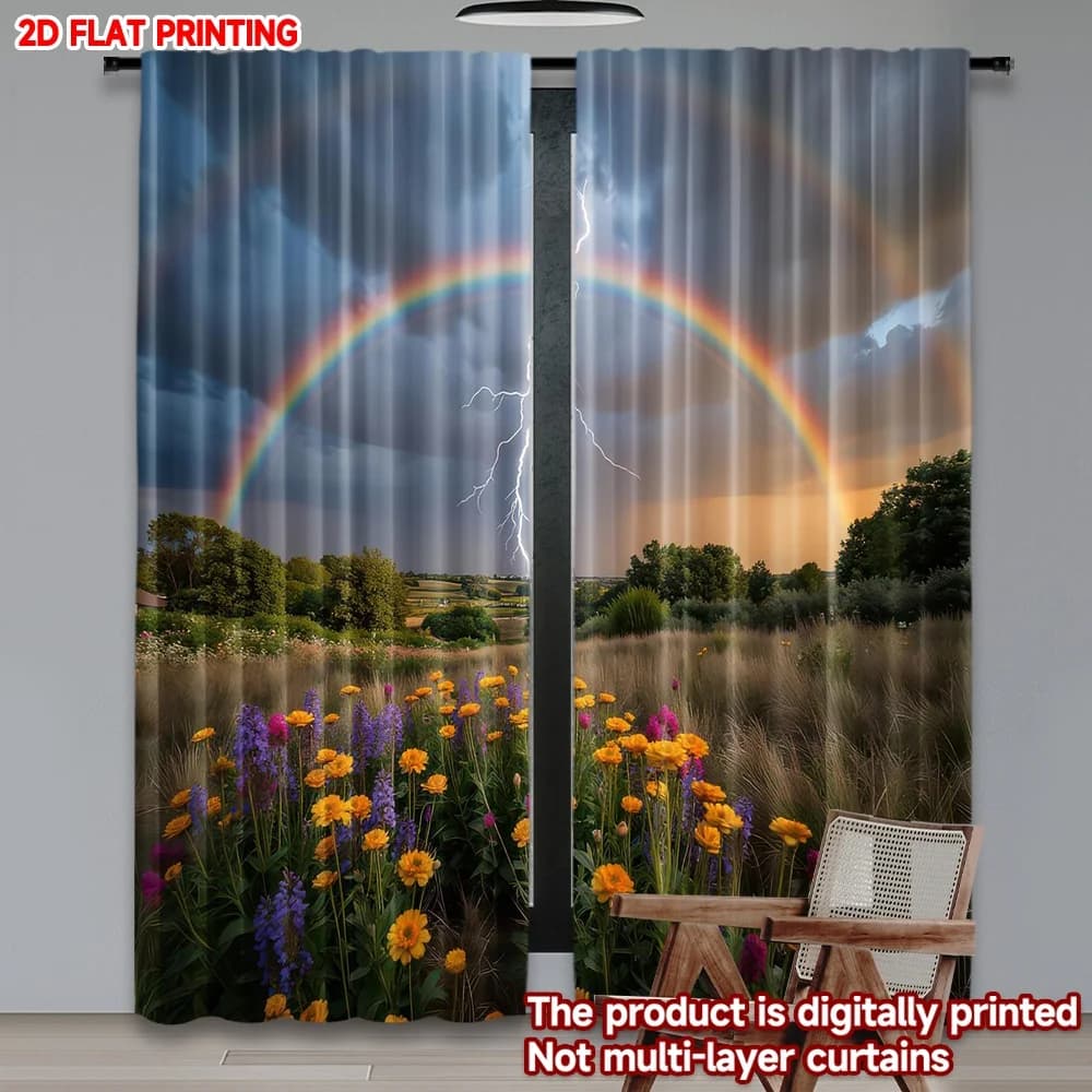 Stampa piatta 2D 2 pezzi Tende per finestre Arcobaleno e scena fulminea Tende in poliestere stampate digitali Festa in famiglia per interni