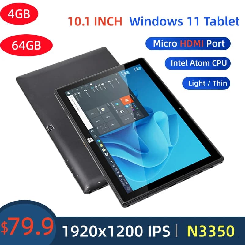 Tablet Windows 11 da 10.1 Pollici 64 bit in Offerta, Intel Atom N3350 Quad Core, Risoluzione IPS 1920 x 1200, WIFI, Porte Type-C e Micro HDMI