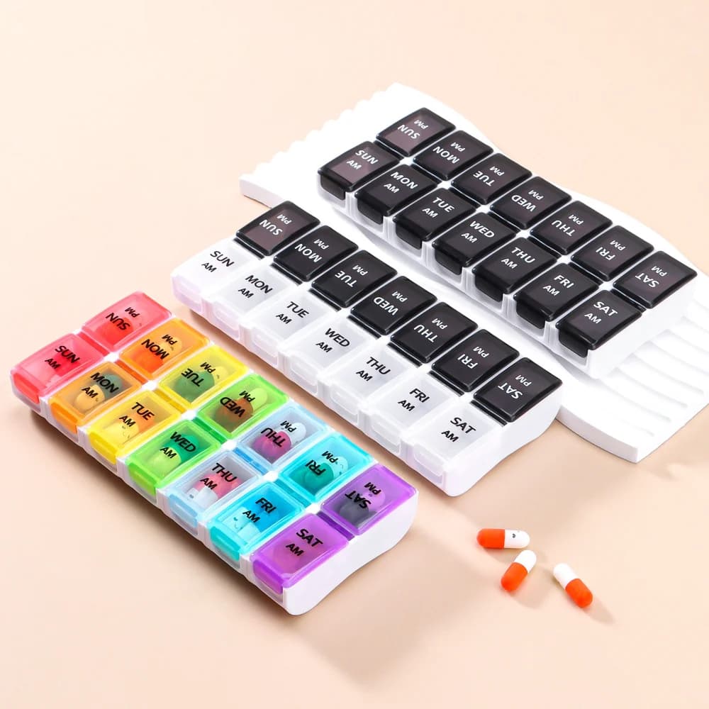 New Hot Premuim portable detachable weekly pill organizer box twice a day 7 days container medicine for vitamin supplement