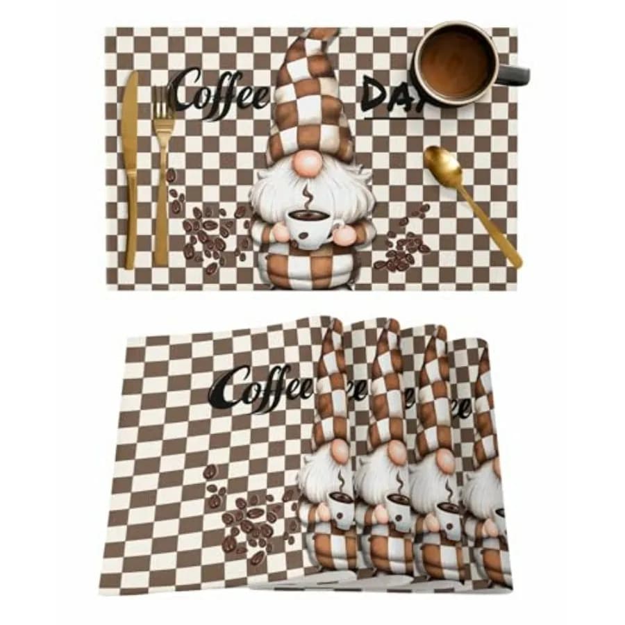 Set of 4 American Tablets with Country Motivo, Orsetti e Chicchi di Caffè, Washables, for Lunch Tables, Brown Beige, Plaid Buffalo