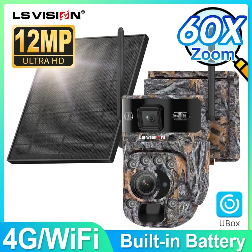 LS VISION Trail Cameras with Zoom 60X Dual Screen Solar Camera Live 4G SIM/WIFI Outdoor Camera with Night Vision Color Activated by Movement