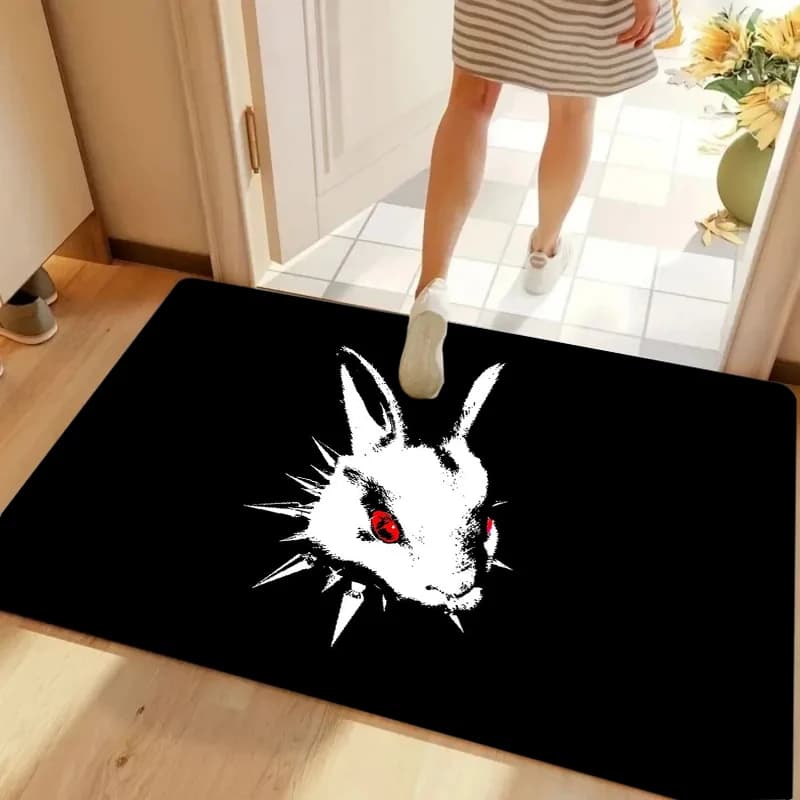 Tappeto con stampa testa di coniglio scuro, tappetino da pavimento punk bizzarro a forma di coniglio, decorazione moderna personalizzata per soggiorno e camera da letto