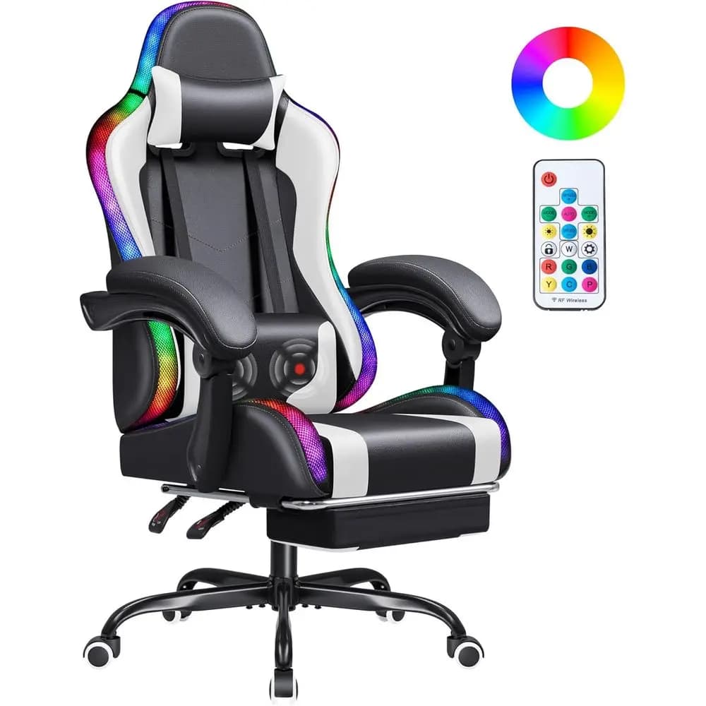 Sedia da gaming girevole ergonomica con supporto lombare e altezza regolabile, RGB bianco