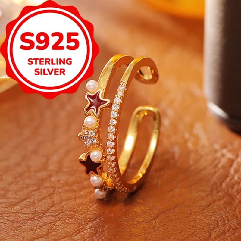 Anello regolabile aperto in argento sterling 925 con zircone sintetico a forma di stella a cinque punte, elegante e versatile.