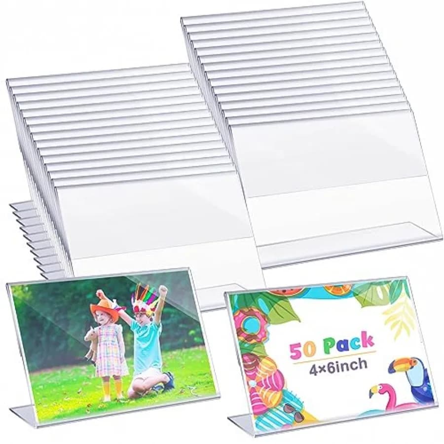 50 Pcs Acrylic Picture Frames Bulk 4 x 6 Inch Plastic Sign Holder Clear Frame Horizontal L Shape Acrylic Photo Slanted Back Pla