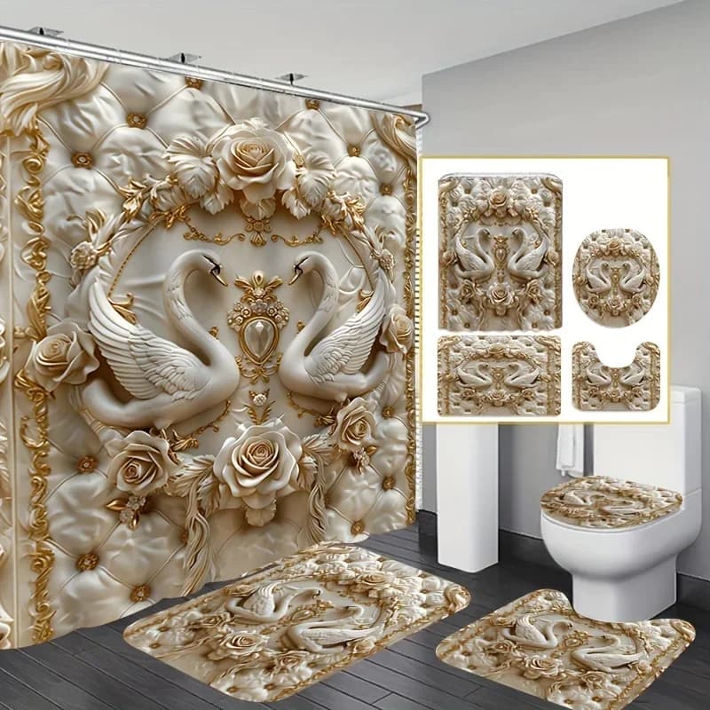 Set di tende da doccia creative con stampa di perle in rilievo cigno 3D da 1/4 pezzi, set da bagno decorativo incluso tenda da doccia impermeabile, non
