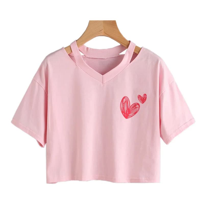 Elegant Women's Cropped T Shirt Casual Short-sleeve Heart Print Crop Tops 2000s Korean Style T Shirt Gothic Y2k Tshirt Clothes
