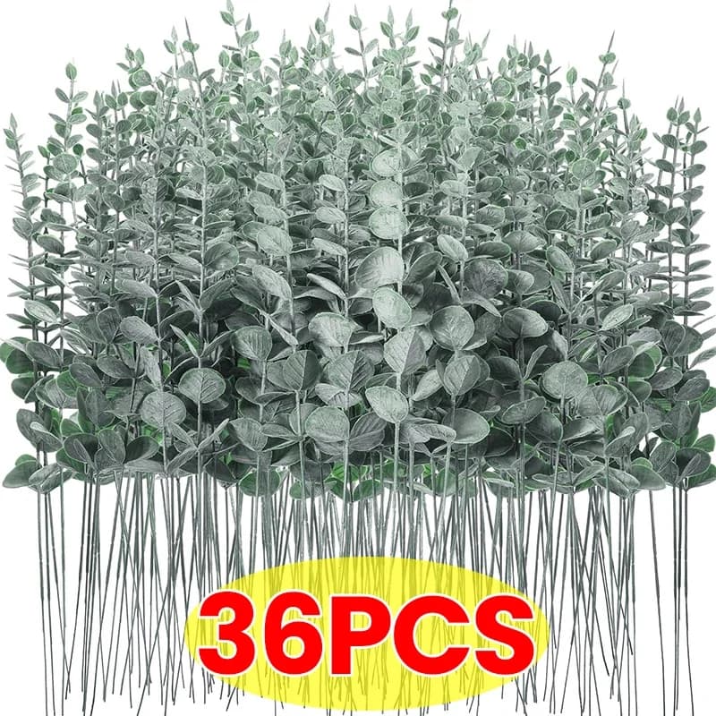 36/12 pz leaves eucalyptus bouquet branch artificial plastic plants leaves stems green wedding fake flowers fake cake decorations diy