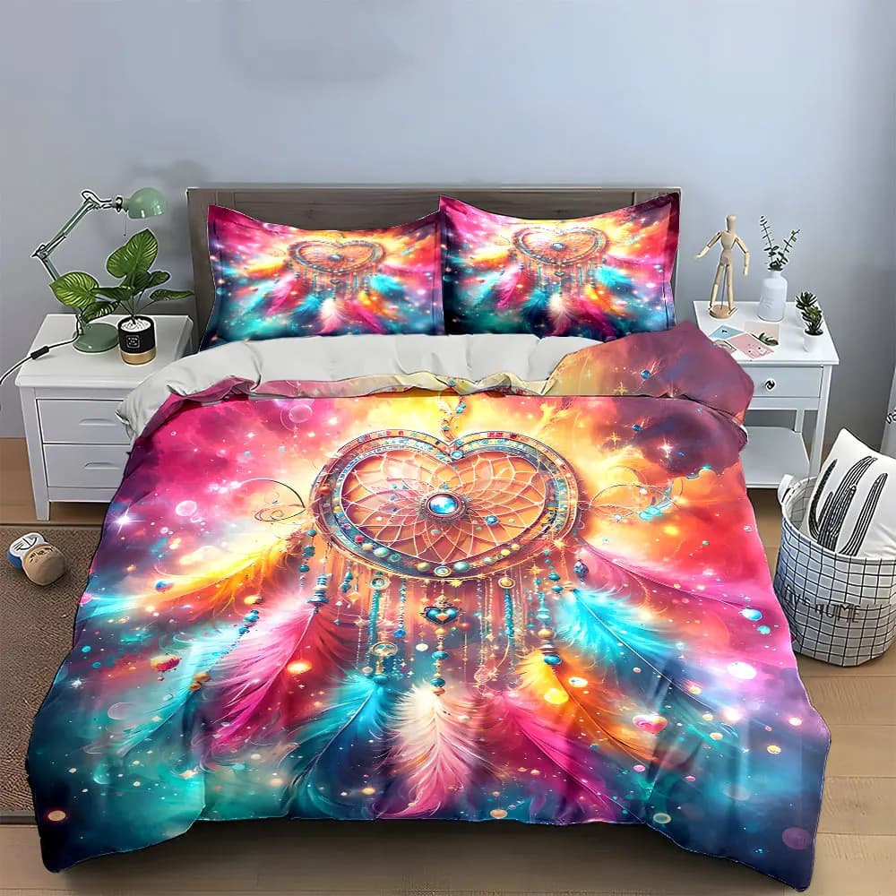 Heart-Shaped Dreamcatcher Set Decoration Bedding Set with 1 Duvet Cover 2 Pillowcases Single Double King Queen, Gift