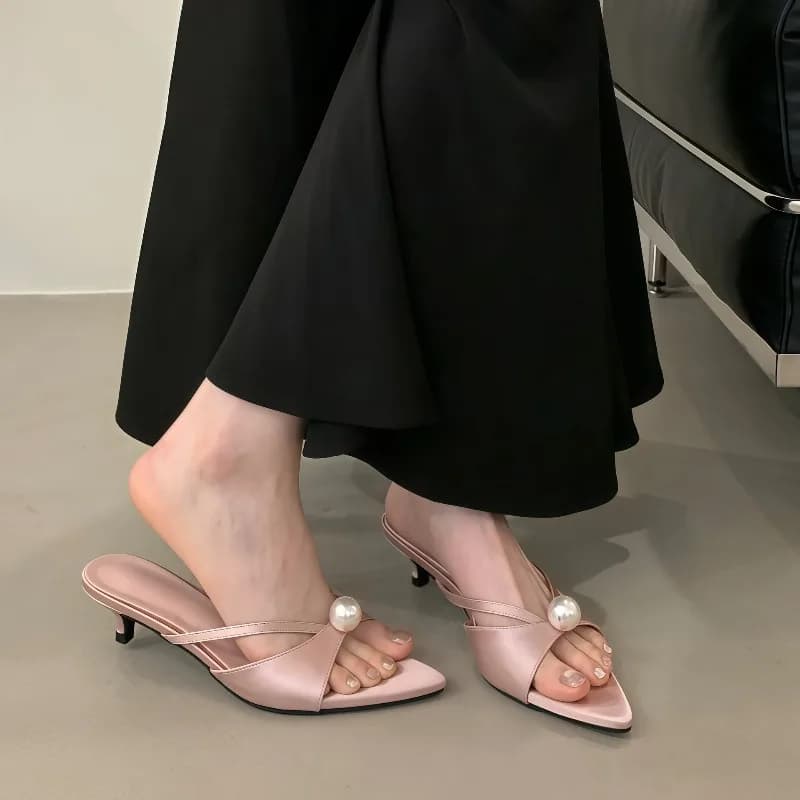 Women Design White Pearl Peep Toe Thin High Heels Modern Slippers Sandals Female Mules Slides Summer Party Dress Shoes，35-41