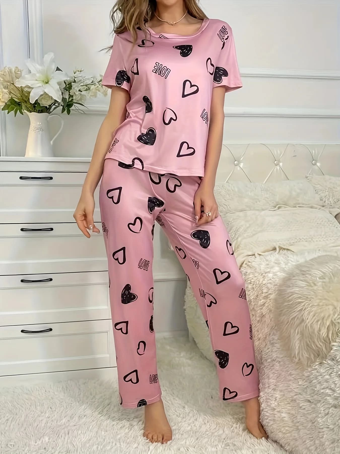 New Love Heart Print Short Sleeve Top Long Pants Pajamas Set Women Casual Sleepwear Home Clothes Comfortable Loungewear