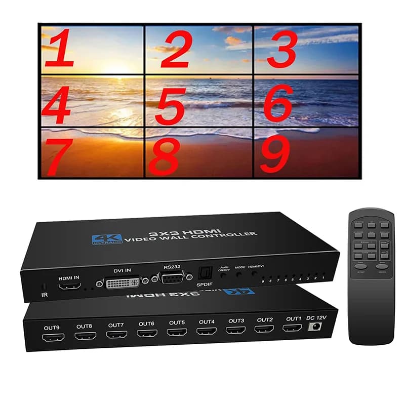 Controller per parete video 4K 3x3 1080P Processore di immagini video HDMI 3x3 2x3 2x4 1x3 1x4 per 9 giuntatrice per cuciture su schermo con uscita audio
