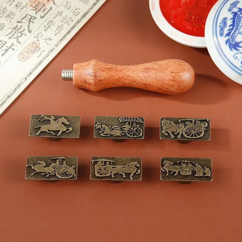 6-in-1 Wooden Chinese Seal Stamp Set, Carriage & Horse Travel Scene Engraved Art Chop, Traditional Painting & Calligraphy Stamp