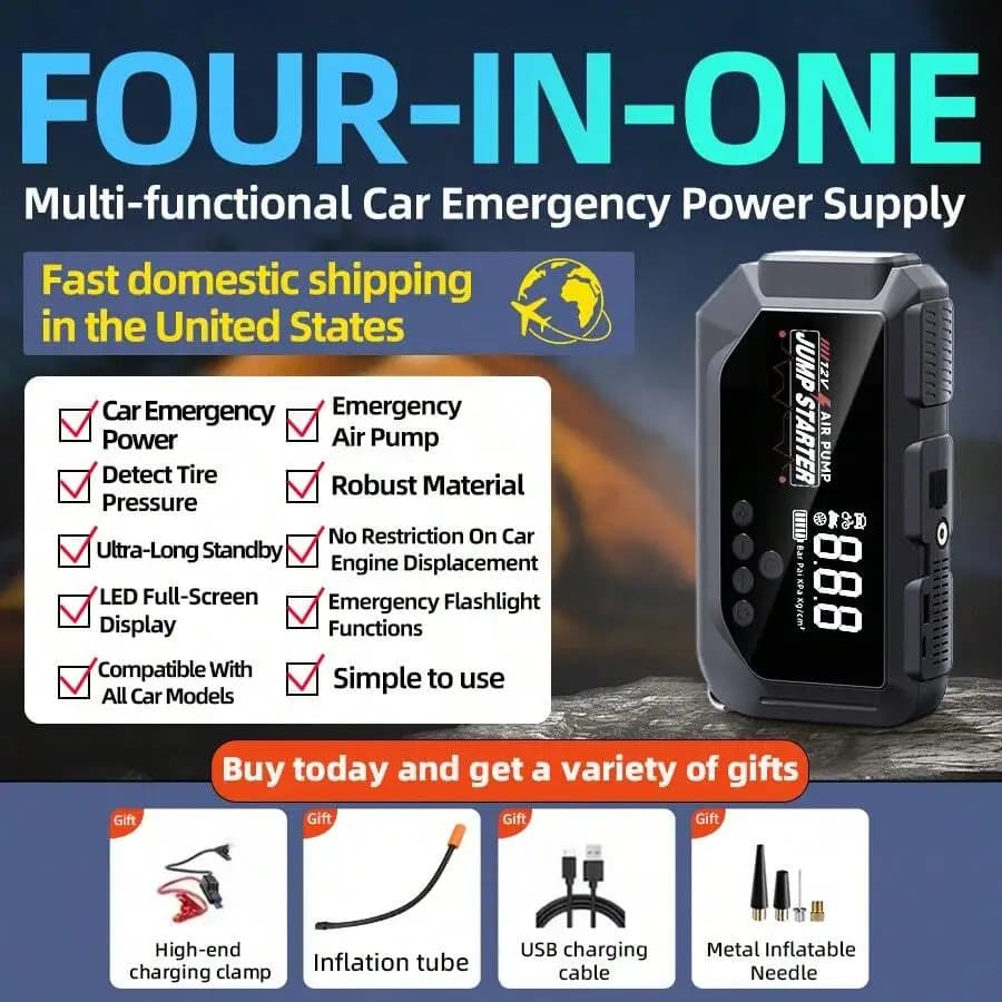 Portable Large-Capacity 12V 8000A Smart Emergency Car Jump Starter With Air Compressor, 28100mAh Multifunctional Emergency