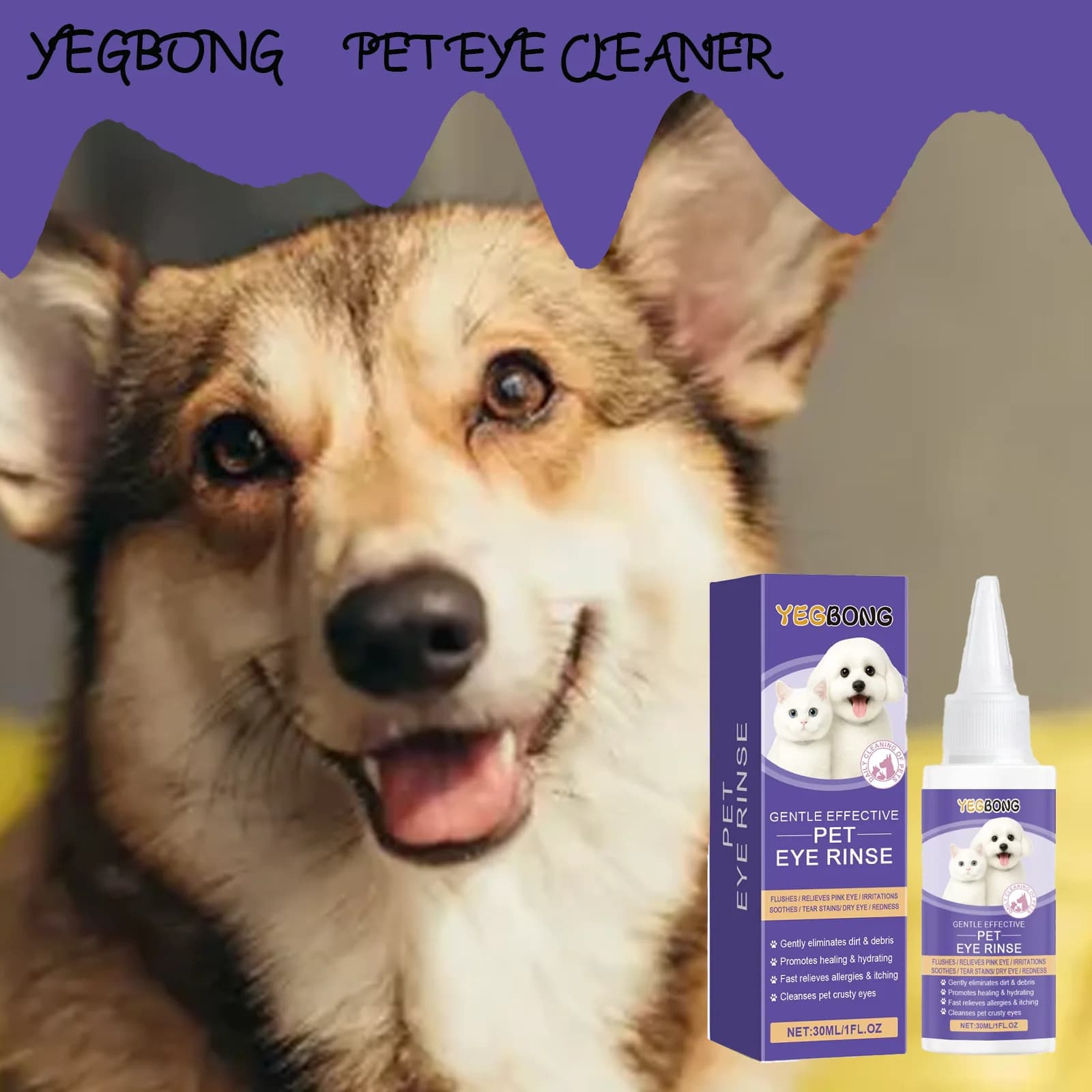 Yegbong Gocce per gli occhi per animali domestici da 30 ml - Formula delicata per cani e gatti, rimozione macchie, segretione degli occhi e pulizia del blocco, universale