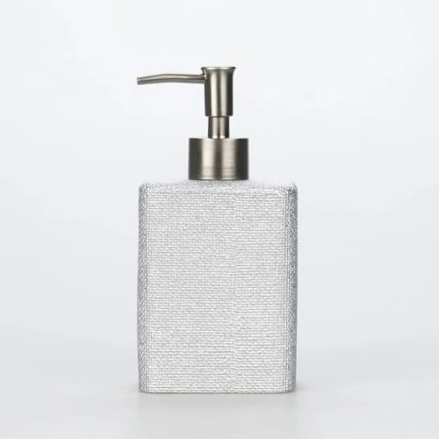 Set di Accessori da Bagno di Lusso in Resina Argento, Collezione Linen, 5 Pezzi: Cestino, Scopino WC, Dispenser Sapone, Porta Spazzolini