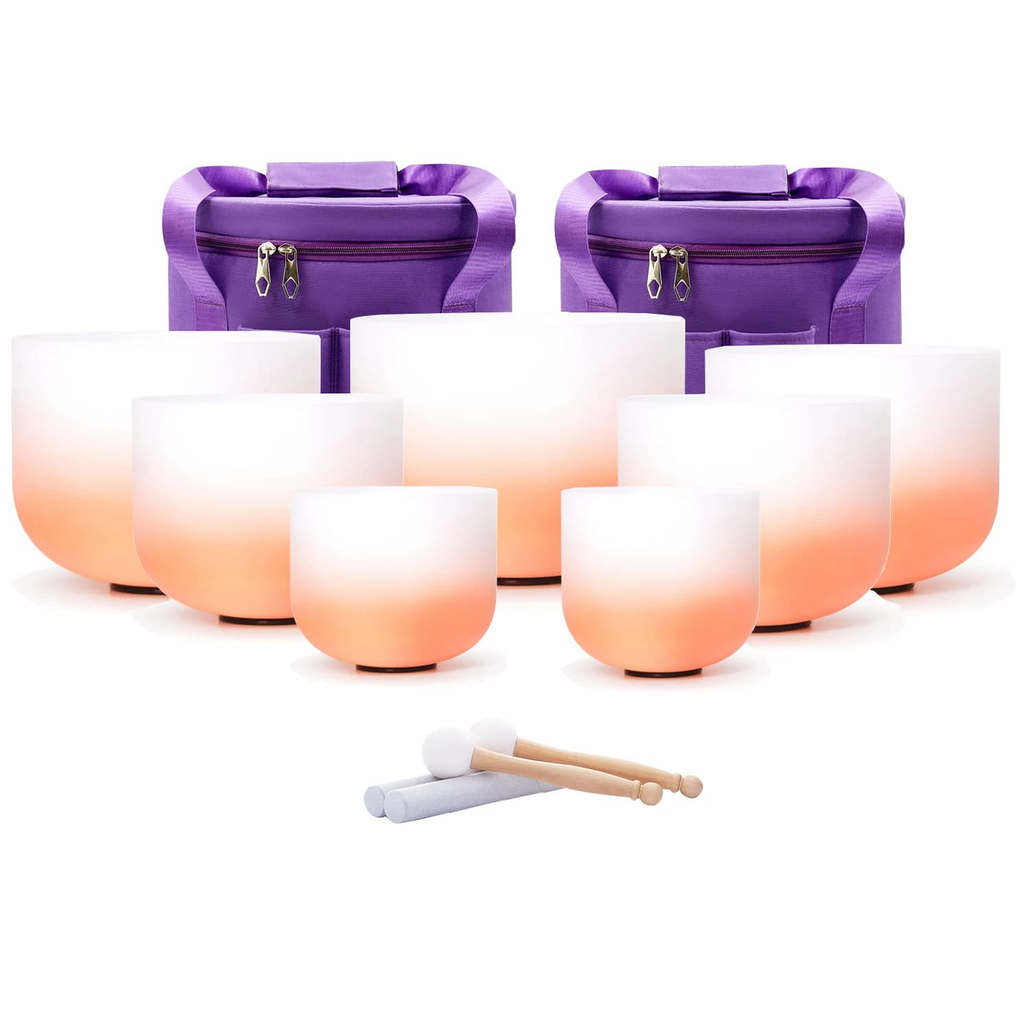 Hey-eun 7-12 Inch Aria Gradient Orange Quartz Crystal Singing Bowls Set of 7pcs for Sound Healing and Meditation with Bags