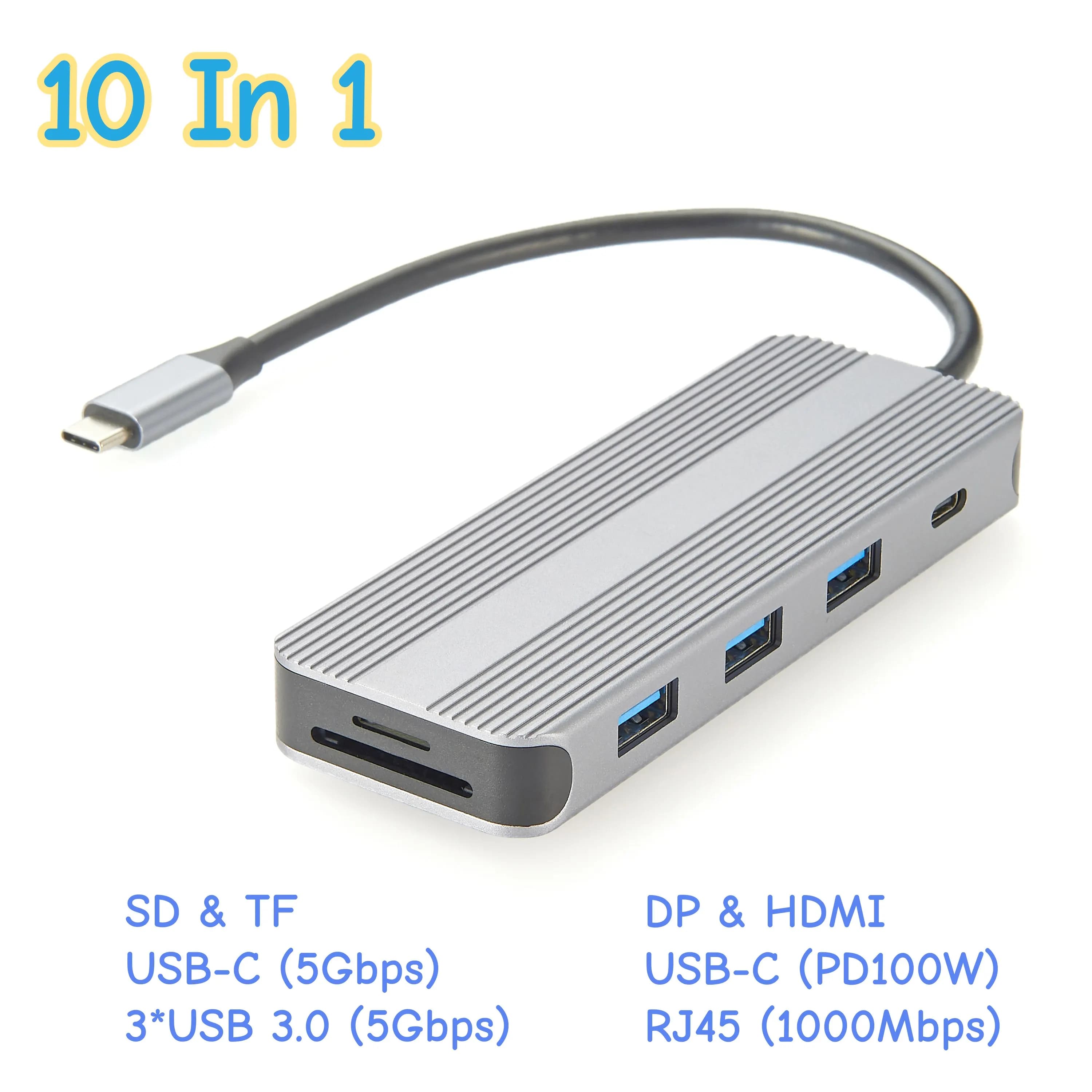 Hub docking station USB-C 10 in 1 MST 8K con 8K a 30 Hz HD 2.1, DP 1.4, PD100W, 5 Gbps USB-C, 3 USB3.0, Ethernet RJ45, scheda SD/TF