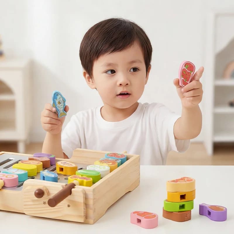 Set Giocattolo BBQ in Legno per Bambini, Gioco Educativo con Blocchi di Costruzione, Coordinazione Occhio-Mano, Regalo di Compleanno