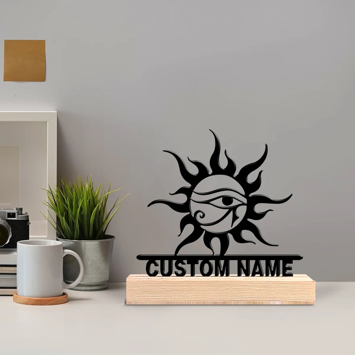 Custom Metal Statue with Solar Totem and Wood Base, Table Decoration, Strategical Table Game